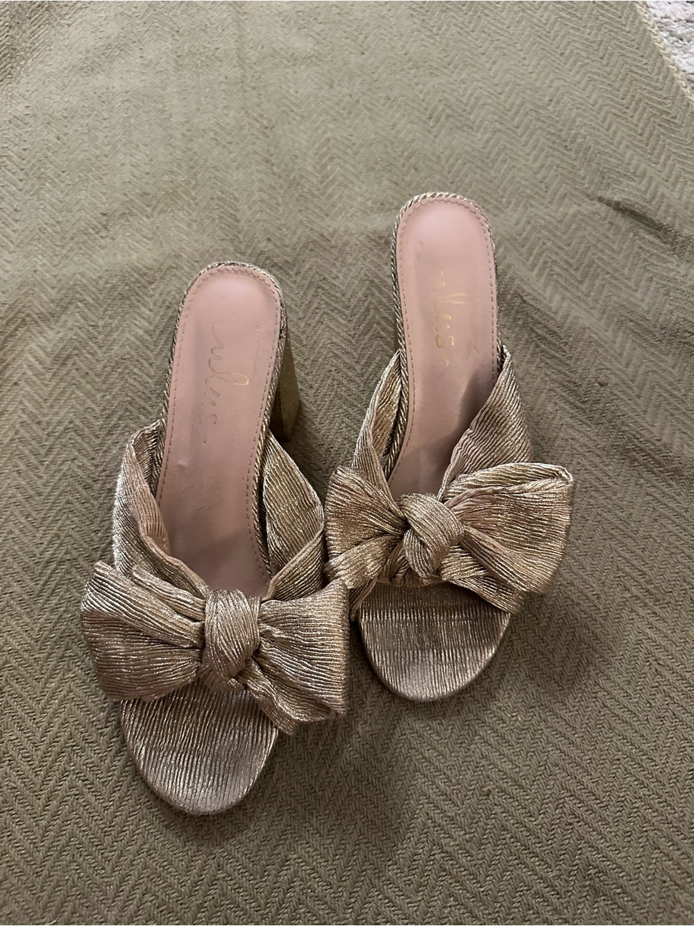 Lulu's Metallic Gold Bow Slide Block Heels